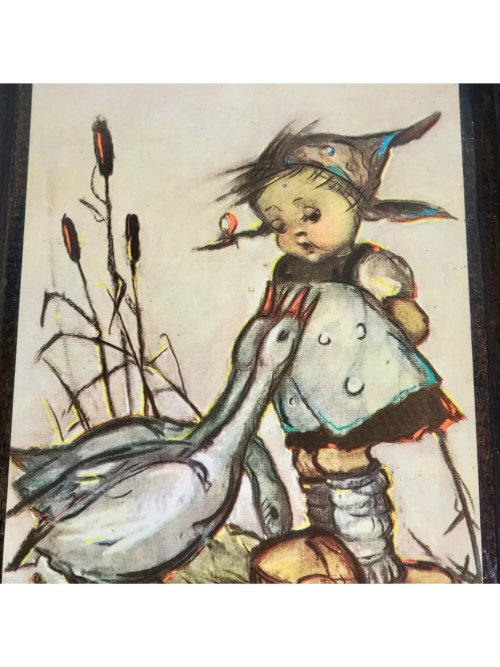 Vintage 40s Hummel Print on Wood Little Goose Girl Wall Hanging Plaque Home Deco